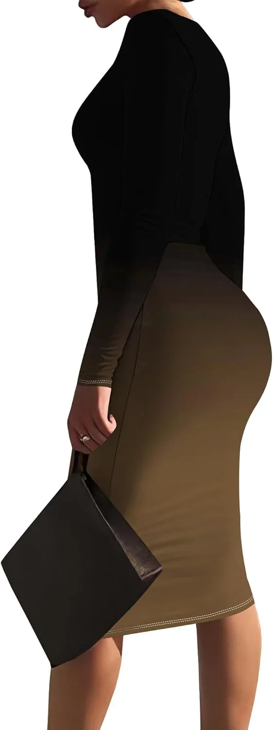 Women Bodycon Long Sleeve Dress Casual Crewneck Slim Fit Elegant Empire Waist Basic Midi Tank Short Party Club Dress