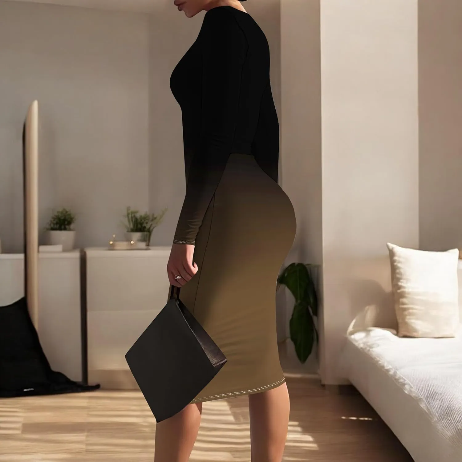 Women Bodycon Long Sleeve Dress Casual Crewneck Slim Fit Elegant Empire Waist Basic Midi Tank Short Party Club Dress