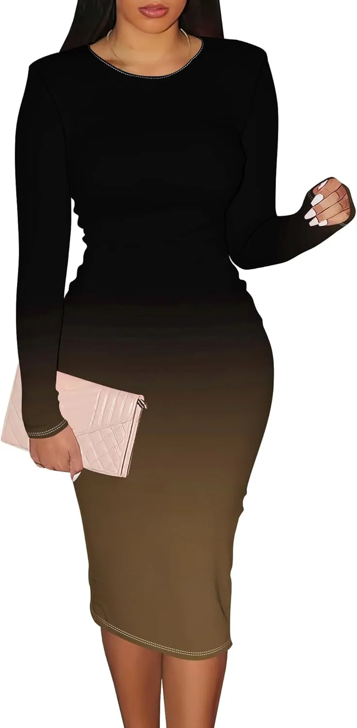 Women Bodycon Long Sleeve Dress Casual Crewneck Slim Fit Elegant Empire Waist Basic Midi Tank Short Party Club Dress