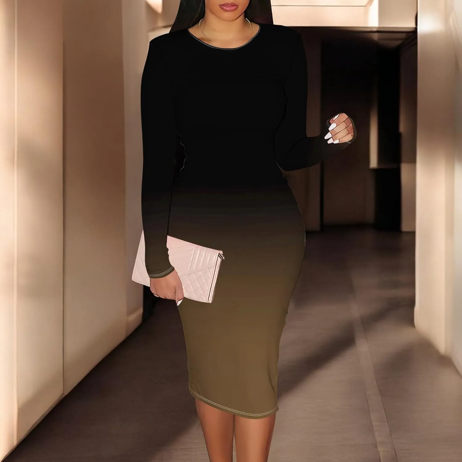 Women Bodycon Long Sleeve Dress Casual Crewneck Slim Fit Elegant Empire Waist Basic Midi Tank Short Party Club Dress