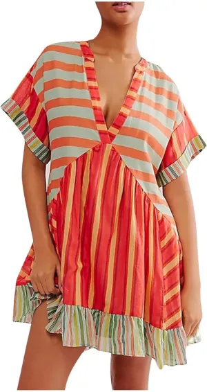 Women Boho Retro Floral Print Short Dress Loose Fit Ruffle Hem Mini Dress Trendy Summer Cute Funny Babydoll Dress