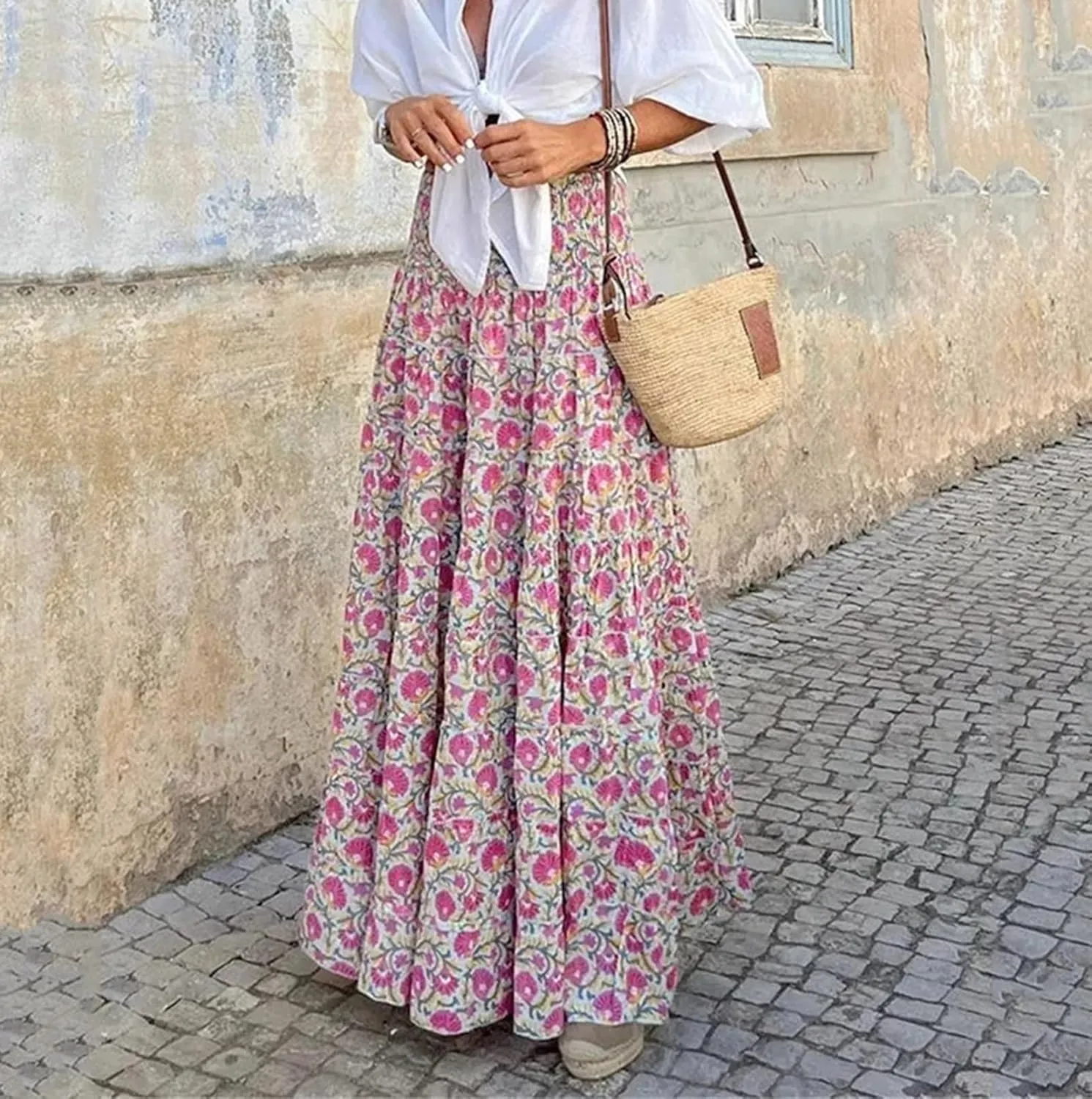 Women Casual Elastic Boho Floral Print Midi Skirt High Waist Pleated Swing A Line Beach Vacation Skirt