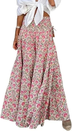 Women Casual Elastic Boho Floral Print Midi Skirt High Waist Pleated Swing A Line Beach Vacation Skirt