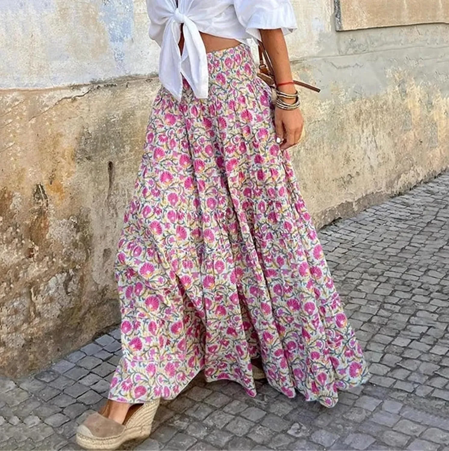 Women Casual Elastic Boho Floral Print Midi Skirt High Waist Pleated Swing A Line Beach Vacation Skirt