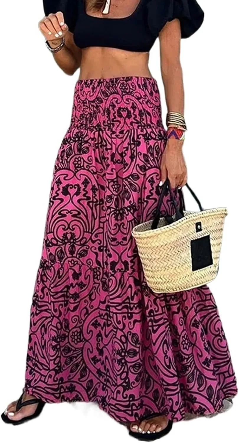Women Casual Elastic Boho Floral Print Midi Skirt High Waist Pleated Swing A Line Beach Vacation Skirt