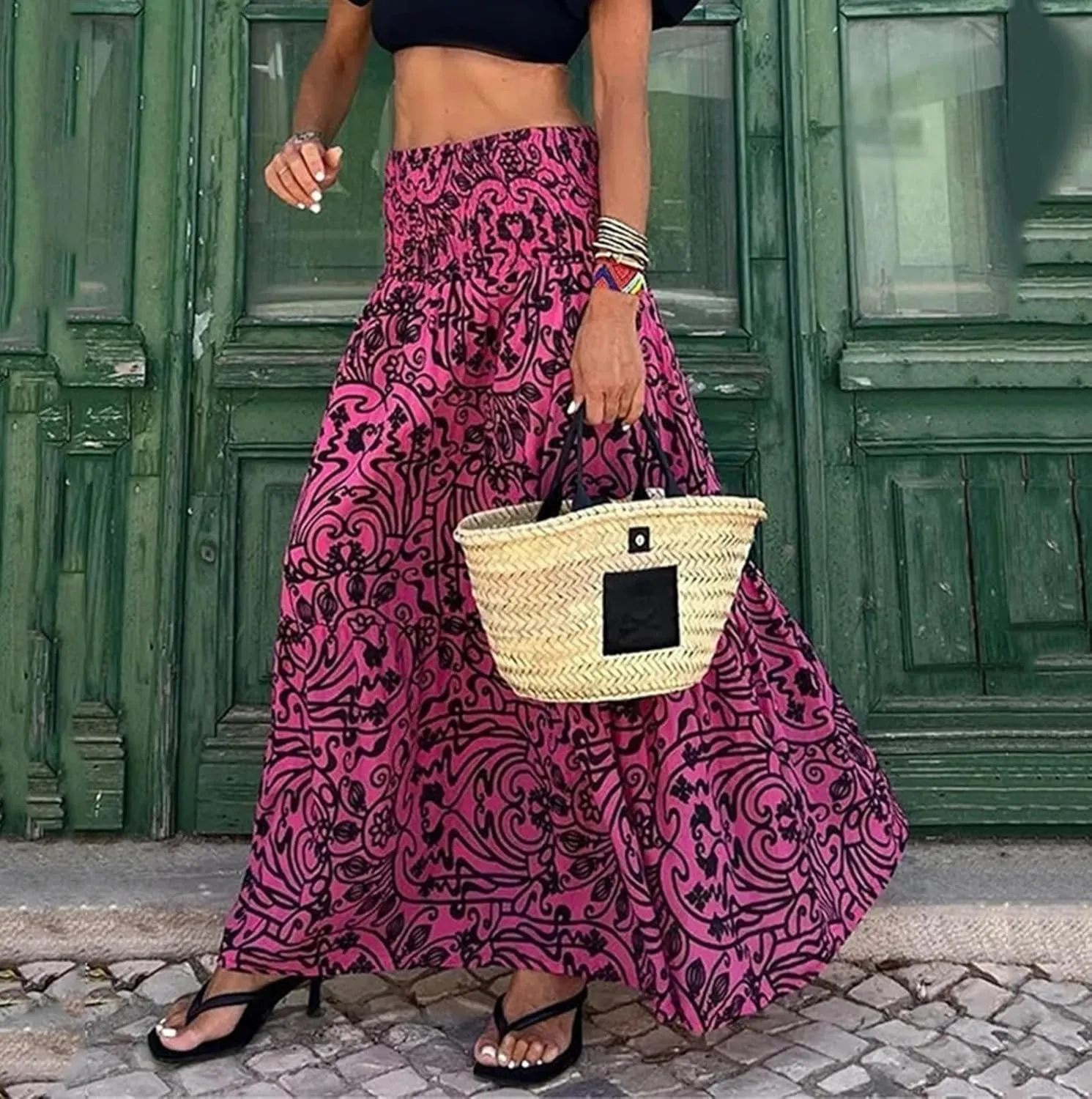 Women Casual Elastic Boho Floral Print Midi Skirt High Waist Pleated Swing A Line Beach Vacation Skirt