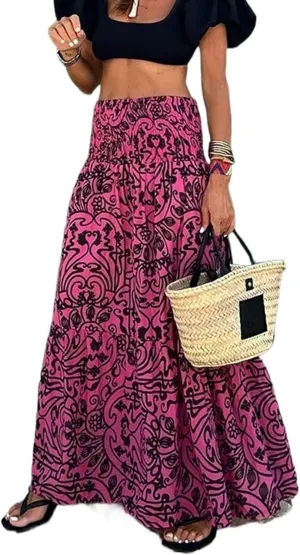 Women Casual Elastic Boho Floral Print Midi Skirt High Waist Pleated Swing A Line Beach Vacation Skirt