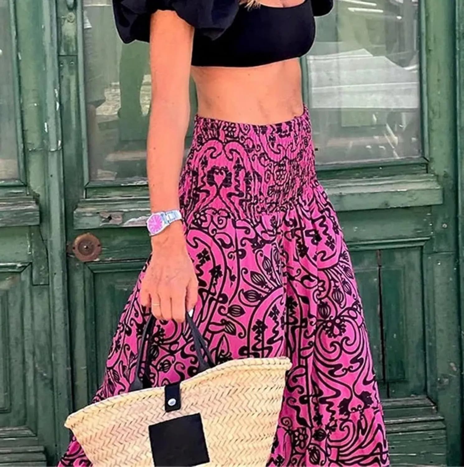Women Casual Elastic Boho Floral Print Midi Skirt High Waist Pleated Swing A Line Beach Vacation Skirt