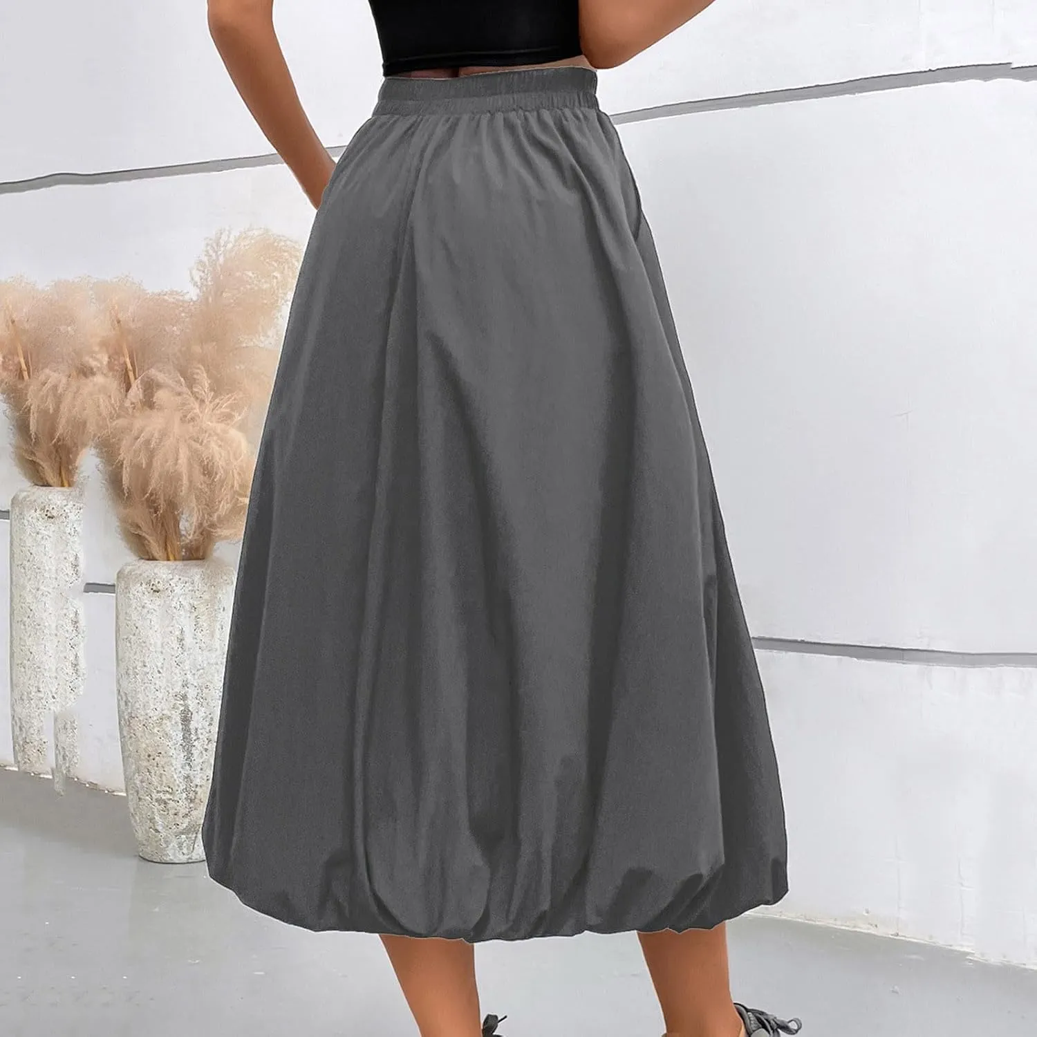 Women Casual Midi Skirts Summer Casual Trendy Solid Color Elastic Hight Waist Skirt Flowy A-Line Skirts with Pockets