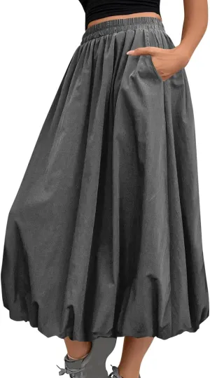 Women Casual Midi Skirts Summer Casual Trendy Solid Color Elastic Hight Waist Skirt Flowy A-Line Skirts with Pockets