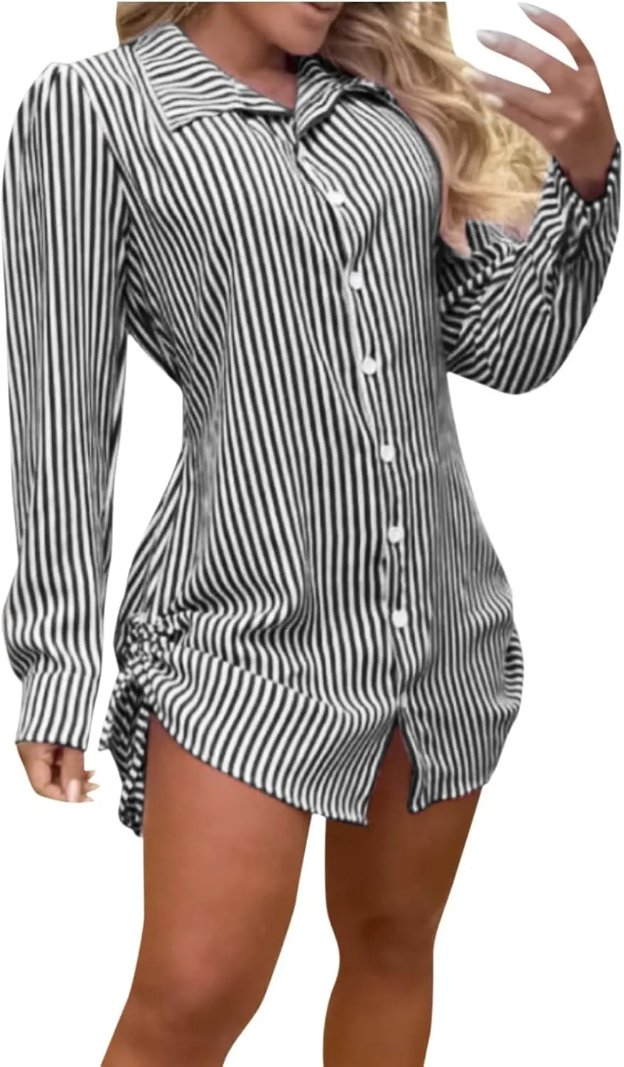 Women Casual Stripe Dress Half Sleeve Turtleneck Button Dress Mini Dress Sweatshirt Casual Loose Dress Ruffle