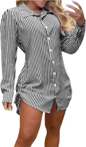 Women Casual Stripe Dress Half Sleeve Turtleneck Button Dress Mini Dress Sweatshirt Casual Loose Dress Ruffle