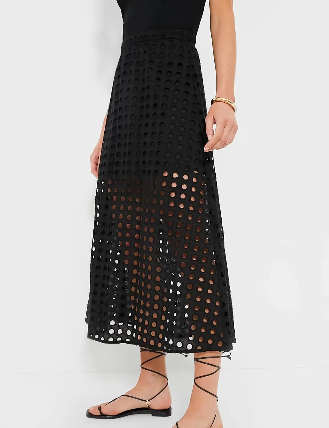 Women Cotton Eyelet Long Skirt Summer Casual Beach Maxi Skirt with Underneath