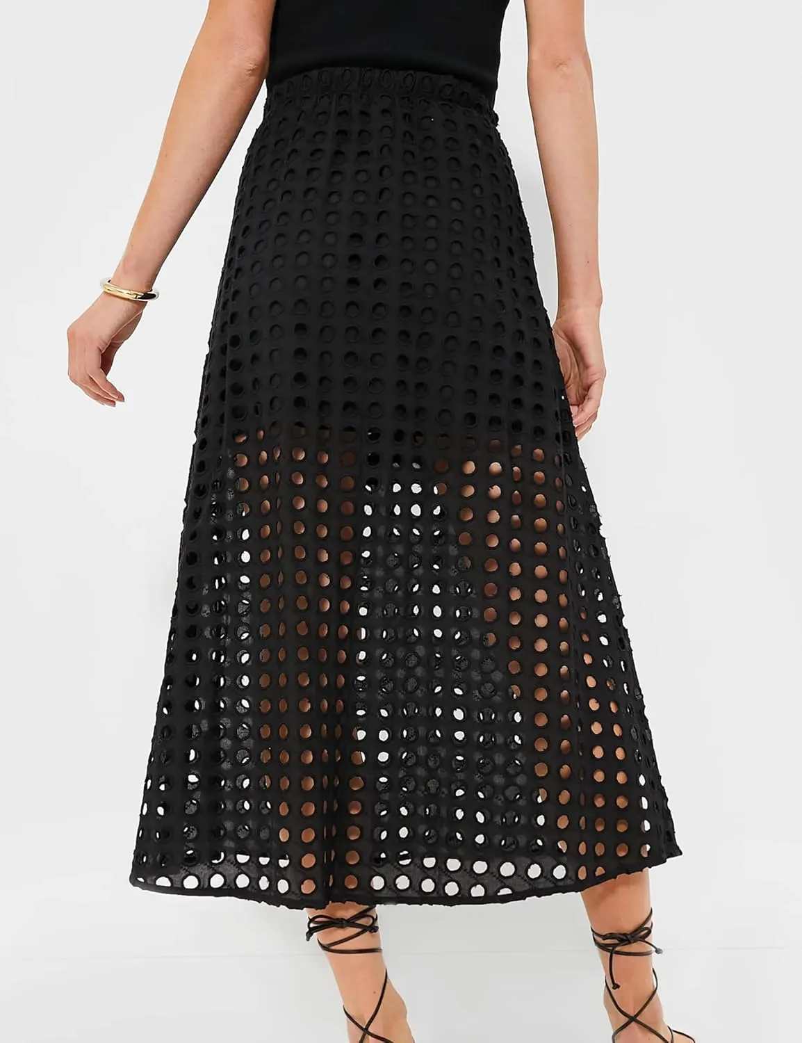 Women Cotton Eyelet Long Skirt Summer Casual Beach Maxi Skirt with Underneath