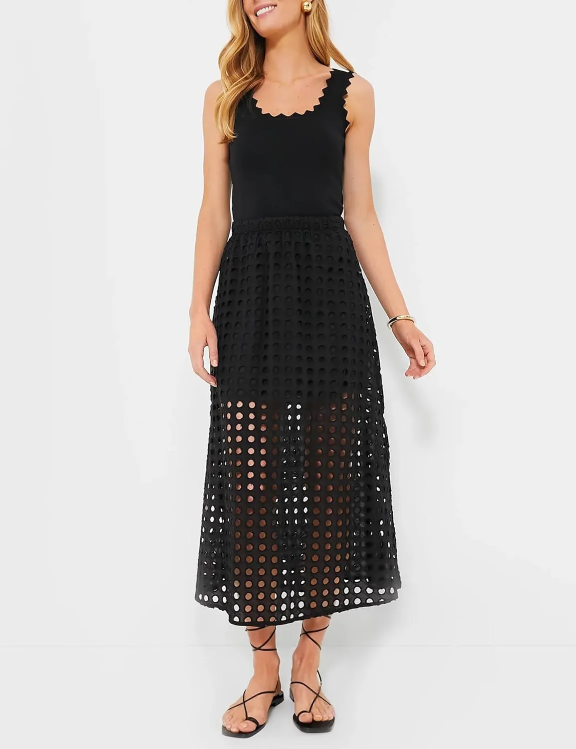 Women Cotton Eyelet Long Skirt Summer Casual Beach Maxi Skirt with Underneath