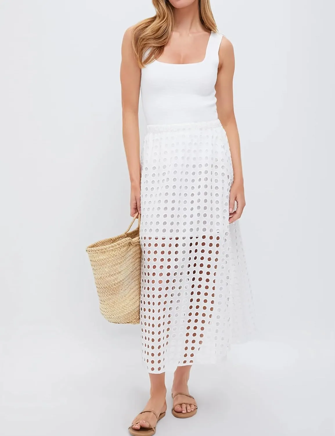 Women Cotton Eyelet Long Skirt Summer Casual Beach Maxi Skirt with Underneath