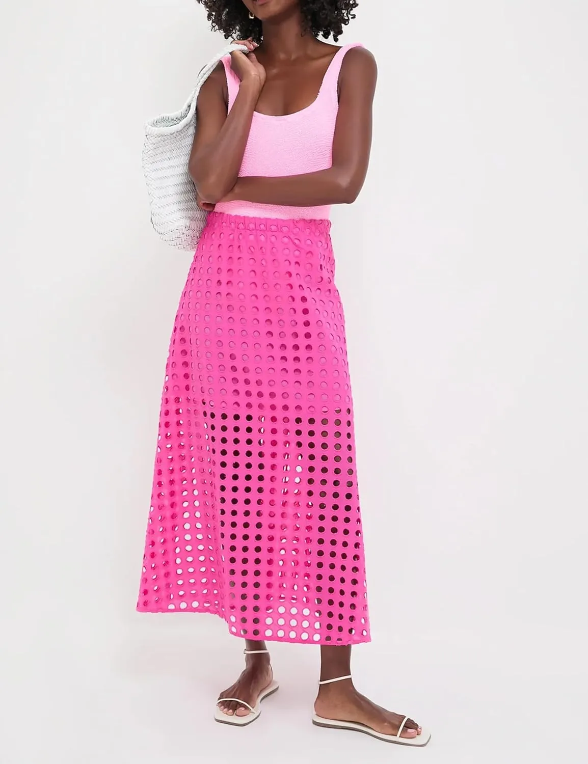 Women Cotton Eyelet Long Skirt Summer Casual Beach Maxi Skirt with Underneath