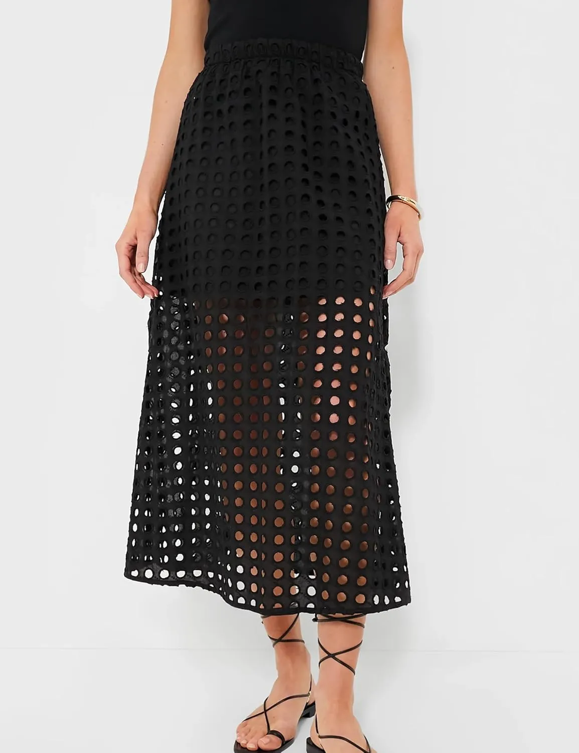 Women Cotton Eyelet Long Skirt Summer Casual Beach Maxi Skirt with Underneath