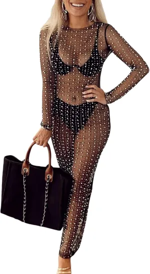 Women Crochet Lace Floral Maxi Dresses Y2k Summer Long Sleeve Sheer Dress 2023 Sexy Mesh Slim Fit Pencil Sundress