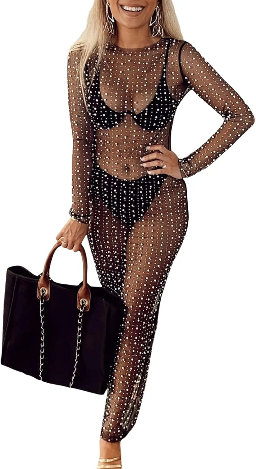 Women Crochet Lace Floral Maxi Dresses Y2k Summer Long Sleeve Sheer Dress 2023 Sexy Mesh Slim Fit Pencil Sundress