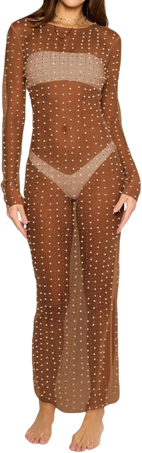Women Crochet Lace Floral Maxi Dresses Y2k Summer Long Sleeve Sheer Dress 2023 Sexy Mesh Slim Fit Pencil Sundress