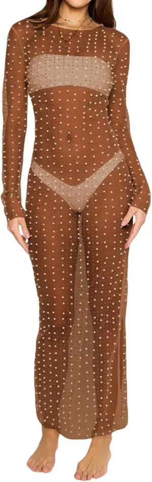 Women Crochet Lace Floral Maxi Dresses Y2k Summer Long Sleeve Sheer Dress 2023 Sexy Mesh Slim Fit Pencil Sundress