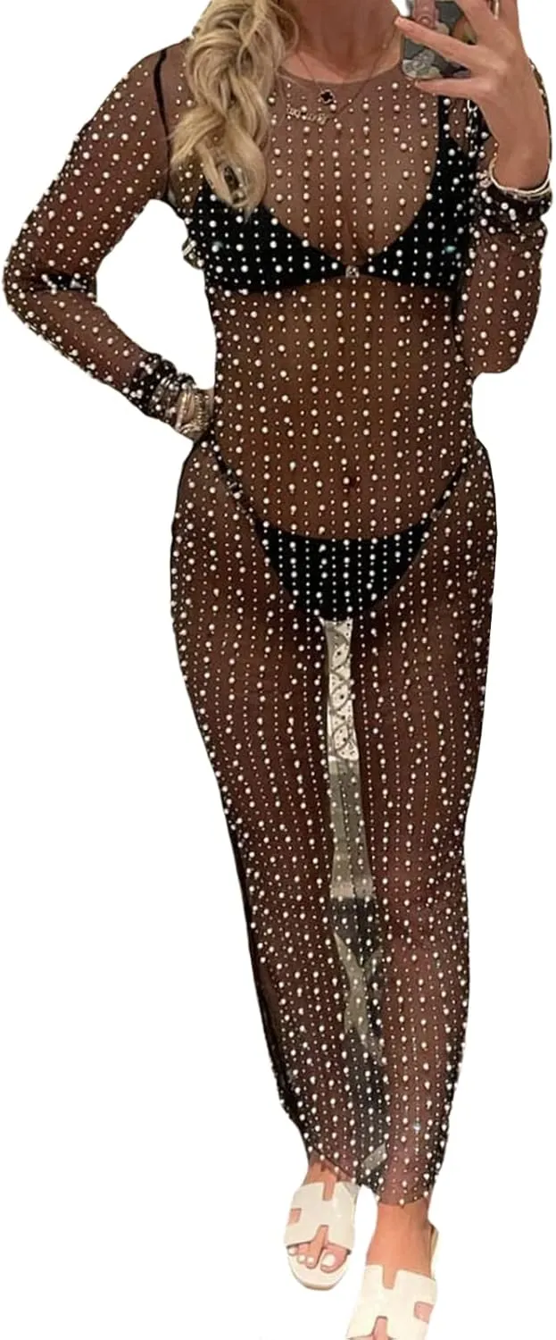 Women Crochet Lace Floral Maxi Dresses Y2k Summer Long Sleeve Sheer Dress 2023 Sexy Mesh Slim Fit Pencil Sundress
