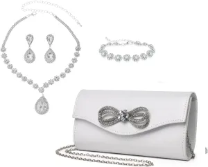 Women Diamond Bow Evening Bag Rhinestone Clutch Purse Rhinestone Clutch Purse and Wedding Jewelry Sets
