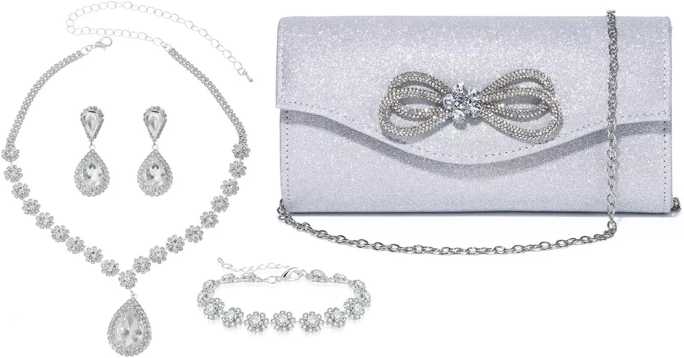 Women Diamond Bow Evening Bag Rhinestone Clutch Purse Rhinestone Clutch Purse and Wedding Jewelry Sets