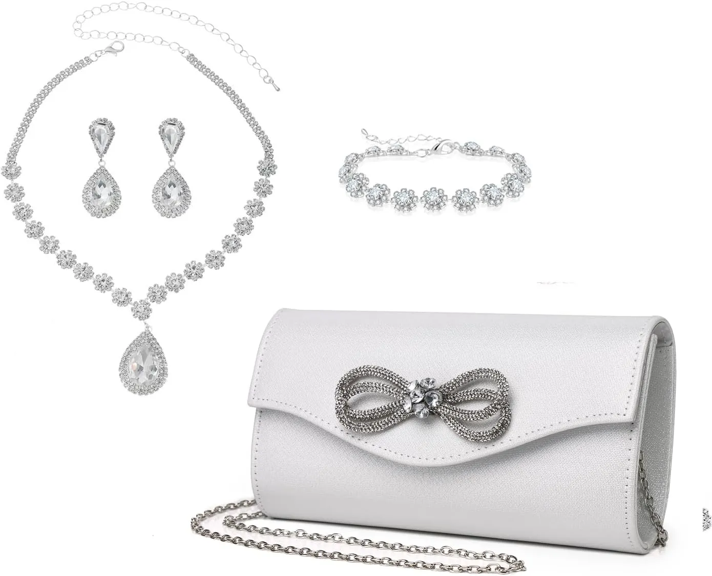 Women Diamond Bow Evening Bag Rhinestone Clutch Purse Rhinestone Clutch Purse and Wedding Jewelry Sets