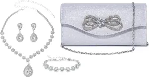 Women Diamond Bow Evening Bag Rhinestone Clutch Purse Rhinestone Clutch Purse and Wedding Jewelry Sets