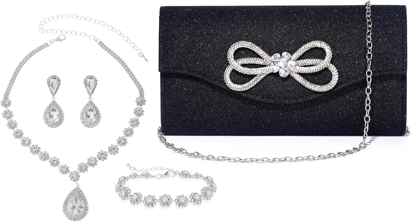 Women Diamond Bow Evening Bag Rhinestone Clutch Purse Rhinestone Clutch Purse and Wedding Jewelry Sets