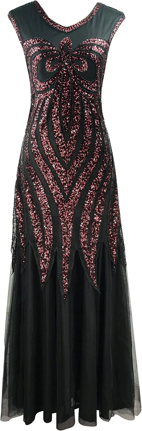 Women Evening Floral Dress 1920s Sequin Flapper Cocktail Mermaid Formal Gown with 20s Gatsby Accessories Set