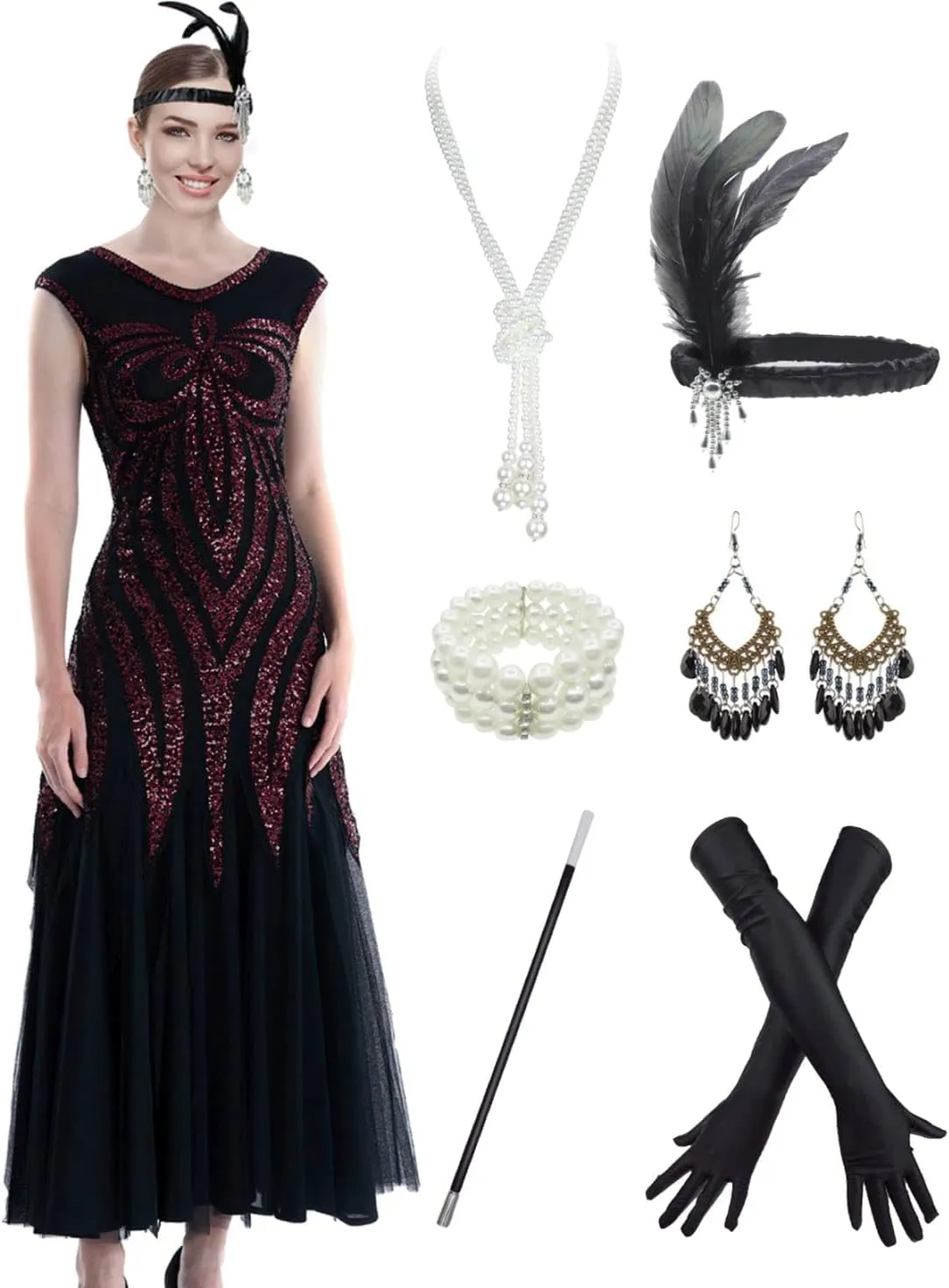 Women Evening Floral Dress 1920s Sequin Flapper Cocktail Mermaid Formal Gown with 20s Gatsby Accessories Set