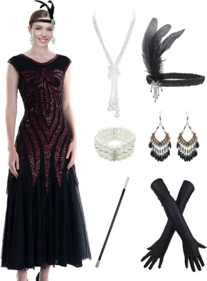 Women Evening Floral Dress 1920s Sequin Flapper Cocktail Mermaid Formal Gown with 20s Gatsby Accessories Set