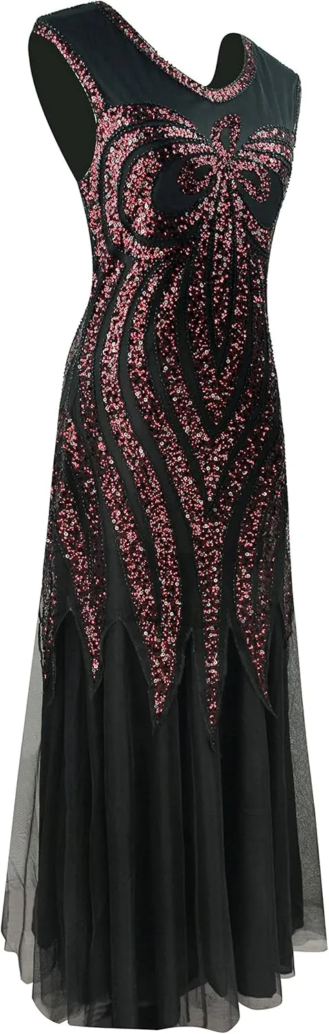Women Evening Floral Dress 1920s Sequin Flapper Cocktail Mermaid Formal Gown with 20s Gatsby Accessories Set