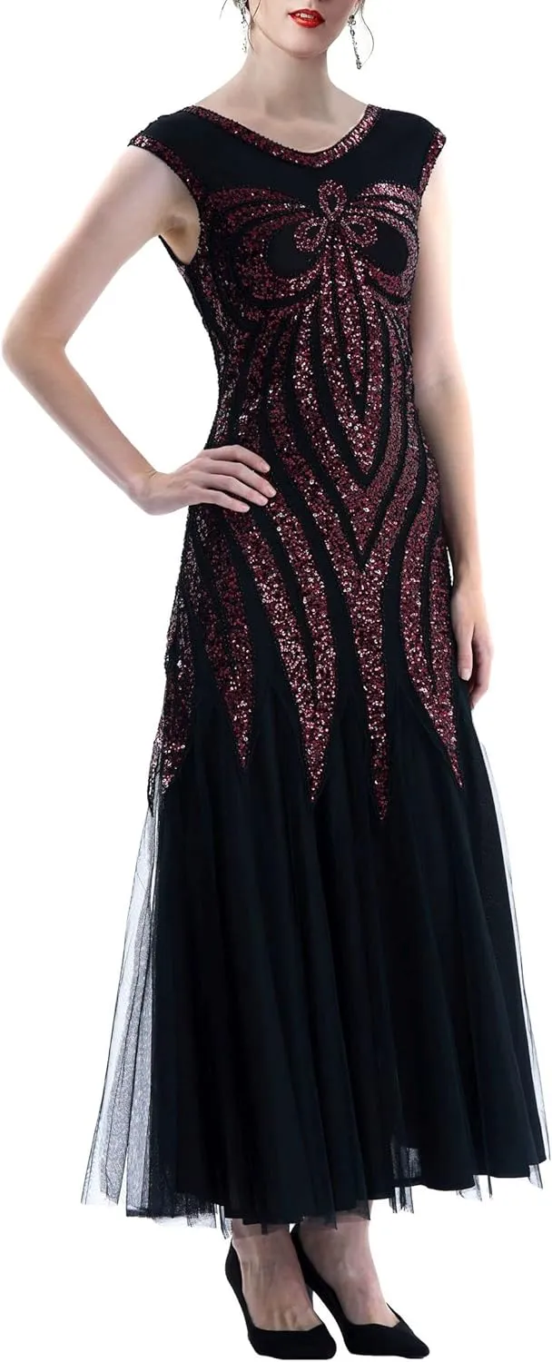 Women Evening Floral Dress 1920s Sequin Flapper Cocktail Mermaid Formal Gown with 20s Gatsby Accessories Set