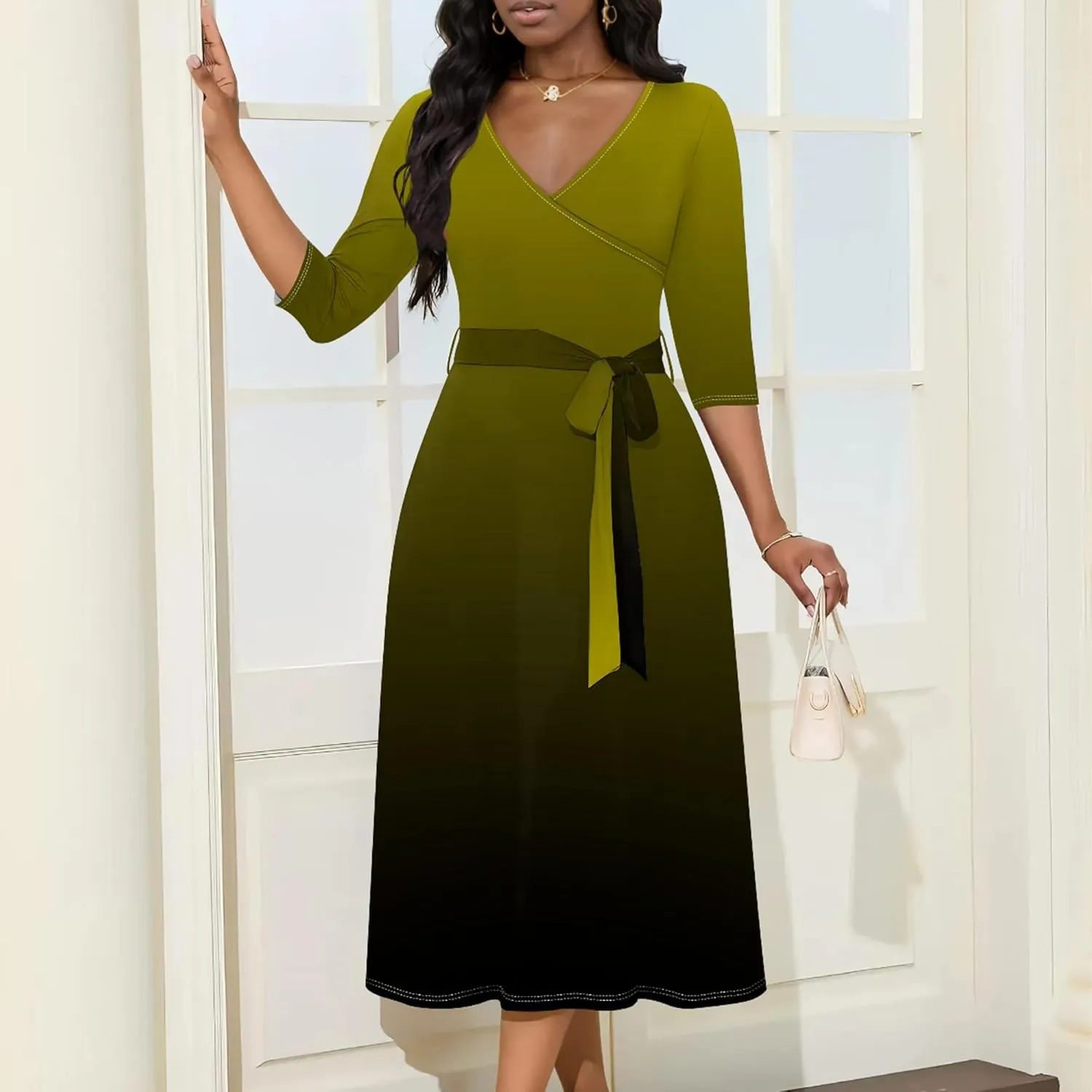 Women Fall Casual Sexy Bodycon Wrap Dresses 3/4 Sleeve Solid Color Bohemian Summer Sundress Swing Midi Dress with Pockets