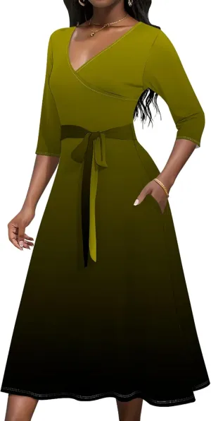 Women Fall Casual Sexy Bodycon Wrap Dresses 3/4 Sleeve Solid Color Bohemian Summer Sundress Swing Midi Dress with Pockets