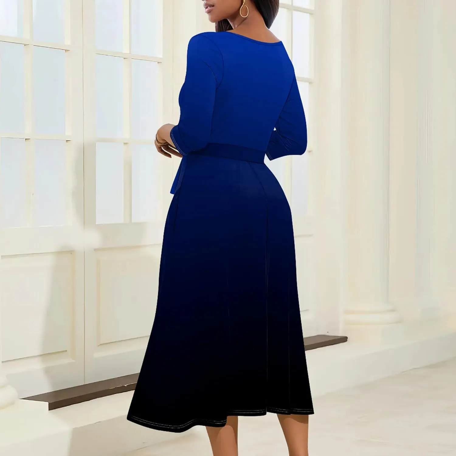 Women Fall Casual Sexy Bodycon Wrap Dresses 3/4 Sleeve Solid Color Bohemian Summer Sundress Swing Midi Dress with Pockets