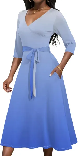 Women Fall Casual Sexy Bodycon Wrap Dresses 3/4 Sleeve Solid Color Bohemian Summer Sundress Swing Midi Dress with Pockets