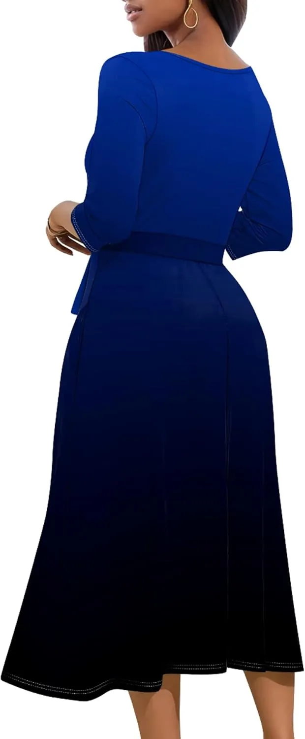 Women Fall Casual Sexy Bodycon Wrap Dresses 3/4 Sleeve Solid Color Bohemian Summer Sundress Swing Midi Dress with Pockets
