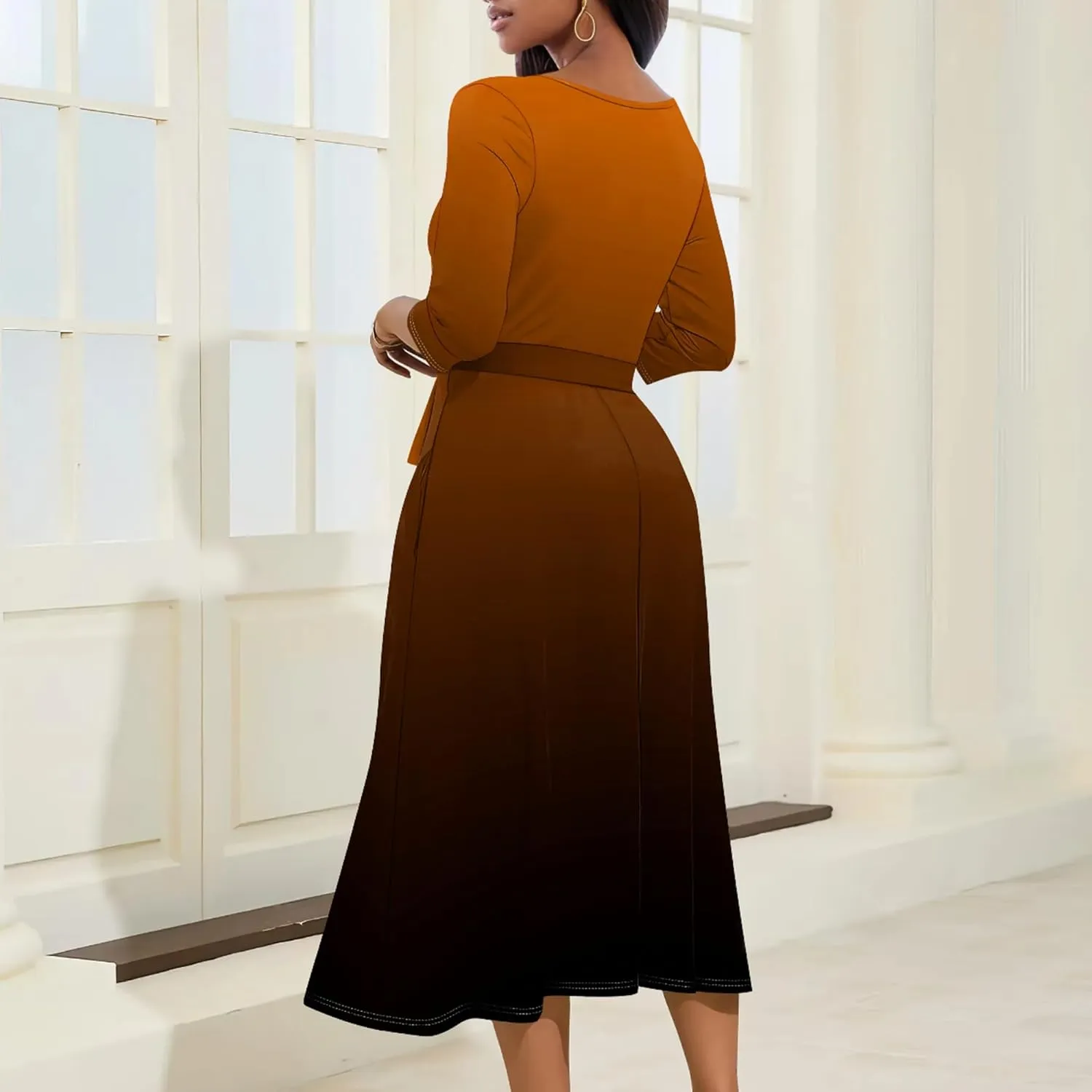 Women Fall Casual Sexy Bodycon Wrap Dresses 3/4 Sleeve Solid Color Bohemian Summer Sundress Swing Midi Dress with Pockets