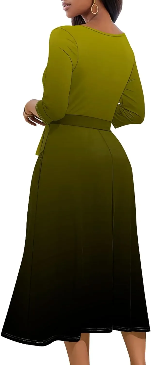 Women Fall Casual Sexy Bodycon Wrap Dresses 3/4 Sleeve Solid Color Bohemian Summer Sundress Swing Midi Dress with Pockets