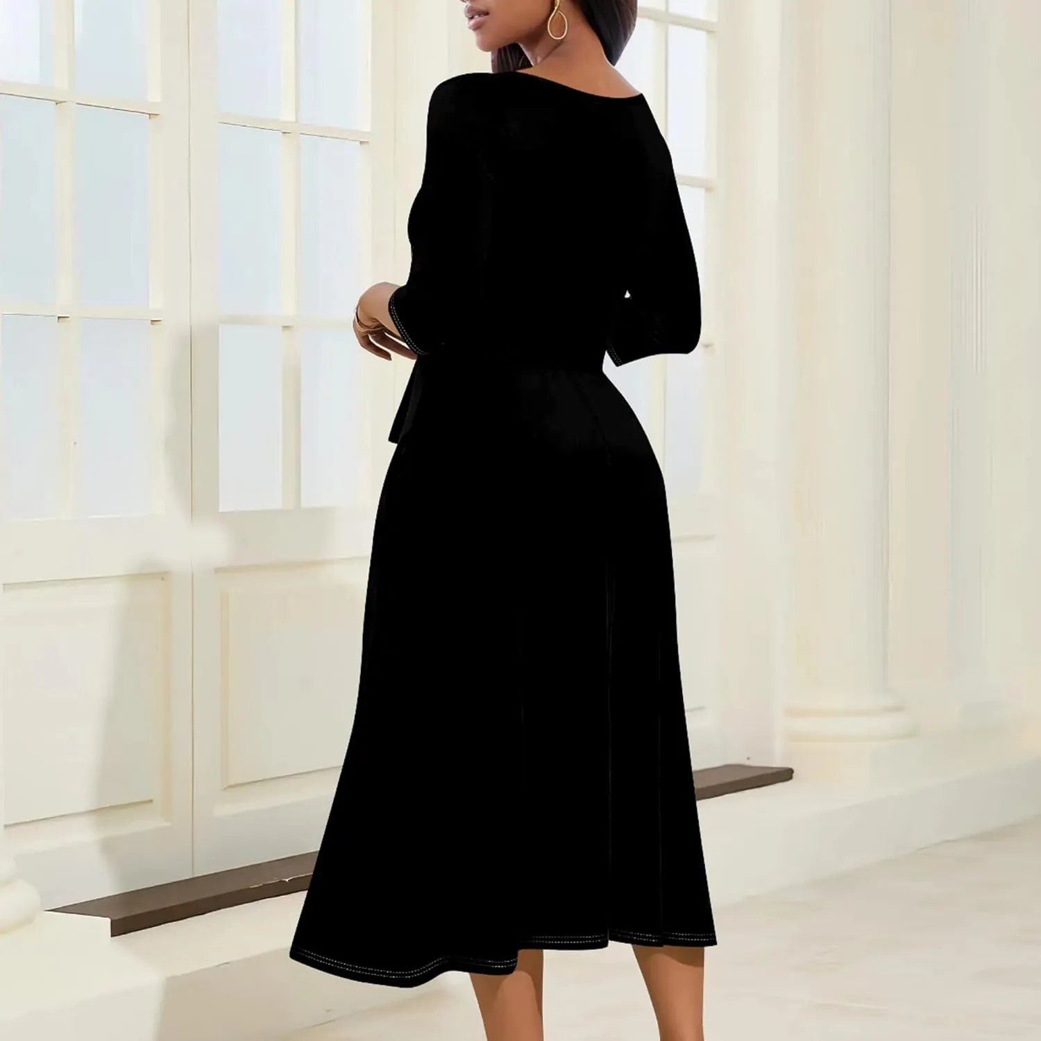 Women Fall Casual Sexy Bodycon Wrap Dresses 3/4 Sleeve Solid Color Bohemian Summer Sundress Swing Midi Dress with Pockets