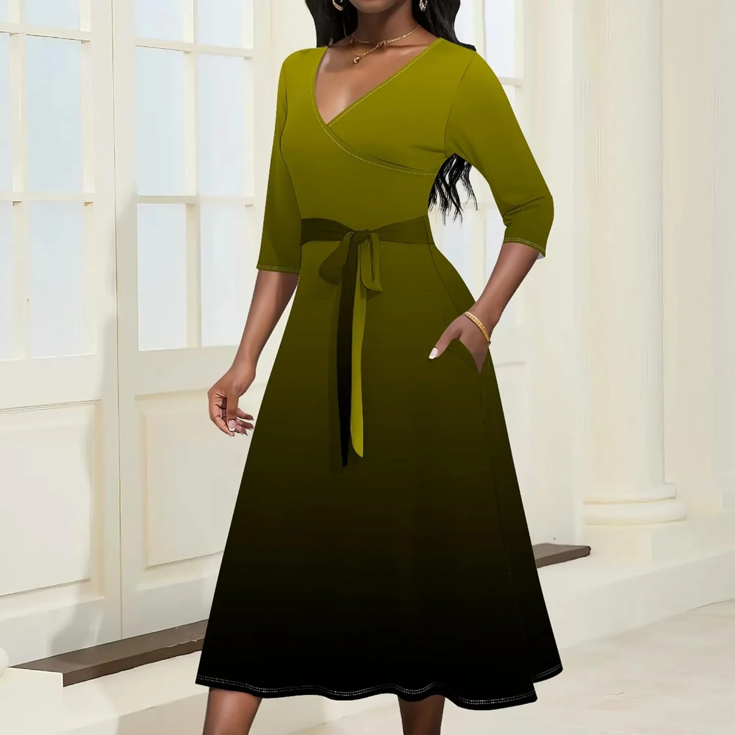 Women Fall Casual Sexy Bodycon Wrap Dresses 3/4 Sleeve Solid Color Bohemian Summer Sundress Swing Midi Dress with Pockets