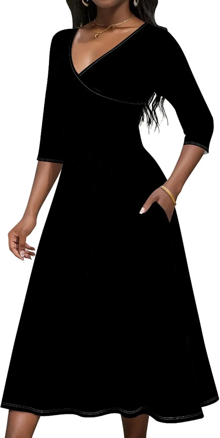 Women Fall Casual Sexy Bodycon Wrap Dresses 3/4 Sleeve Solid Color Bohemian Summer Sundress Swing Midi Dress with Pockets