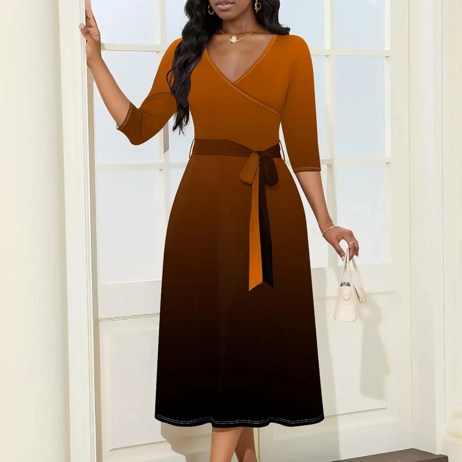 Women Fall Casual Sexy Bodycon Wrap Dresses 3/4 Sleeve Solid Color Bohemian Summer Sundress Swing Midi Dress with Pockets