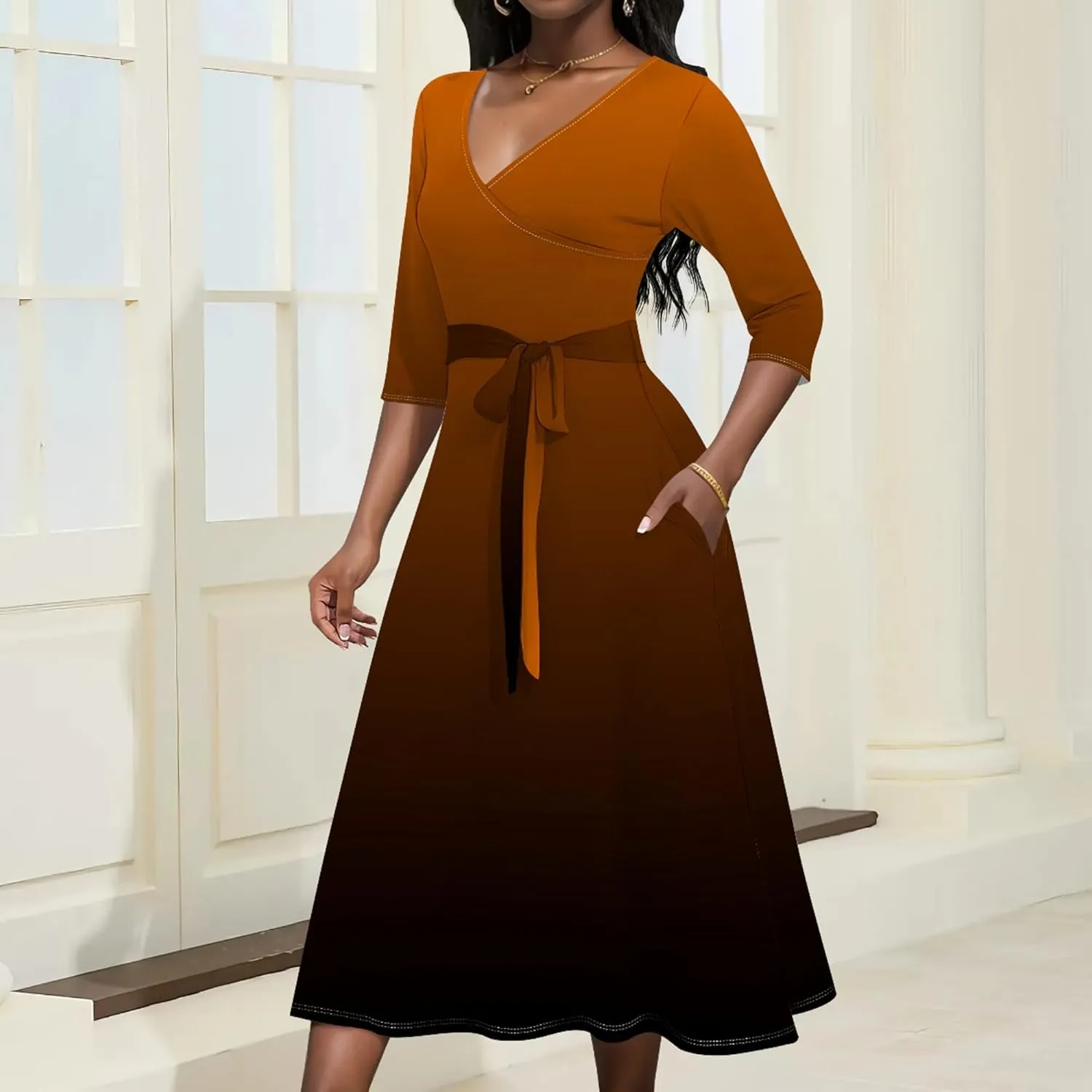 Women Fall Casual Sexy Bodycon Wrap Dresses 3/4 Sleeve Solid Color Bohemian Summer Sundress Swing Midi Dress with Pockets