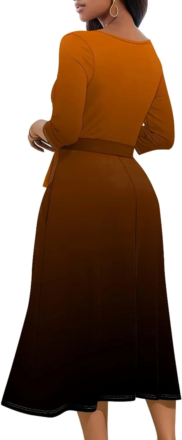 Women Fall Casual Sexy Bodycon Wrap Dresses 3/4 Sleeve Solid Color Bohemian Summer Sundress Swing Midi Dress with Pockets